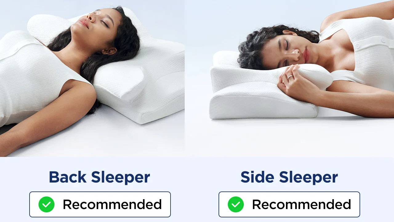 Two images of a woman using a contoured pillow for back and side sleeping.