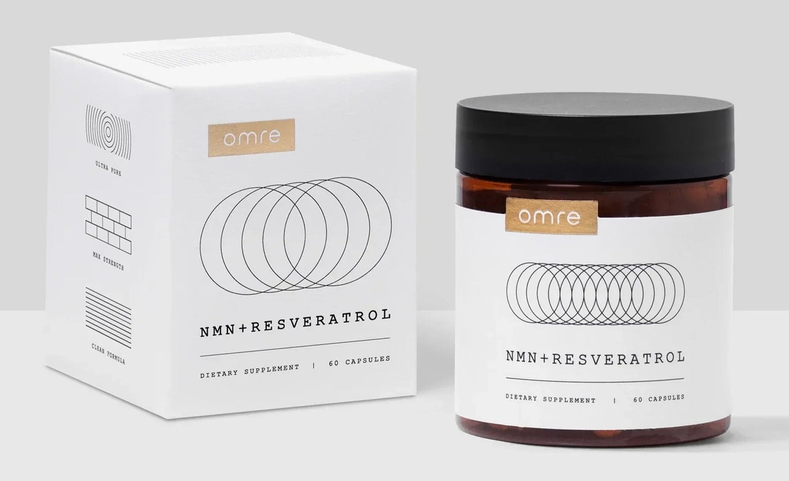 Box and jar of NMN+Resveratrol dietary supplement with minimalist design.