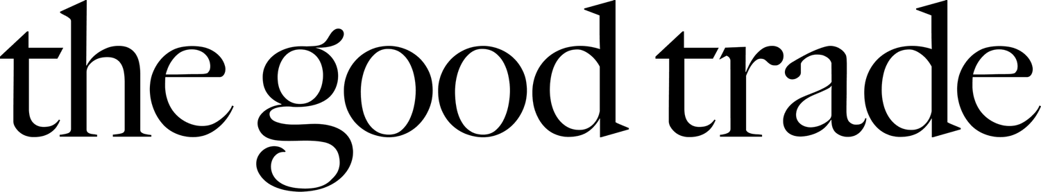 Black text logo saying 'the good trade' on a transparent background.