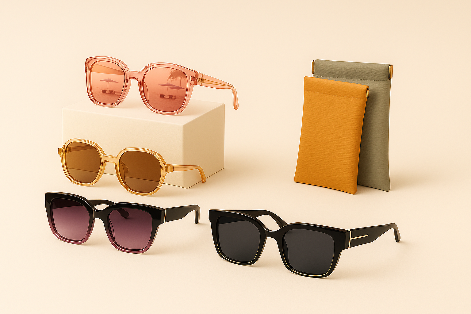 Three pairs of sunglasses with two cases on a beige background.