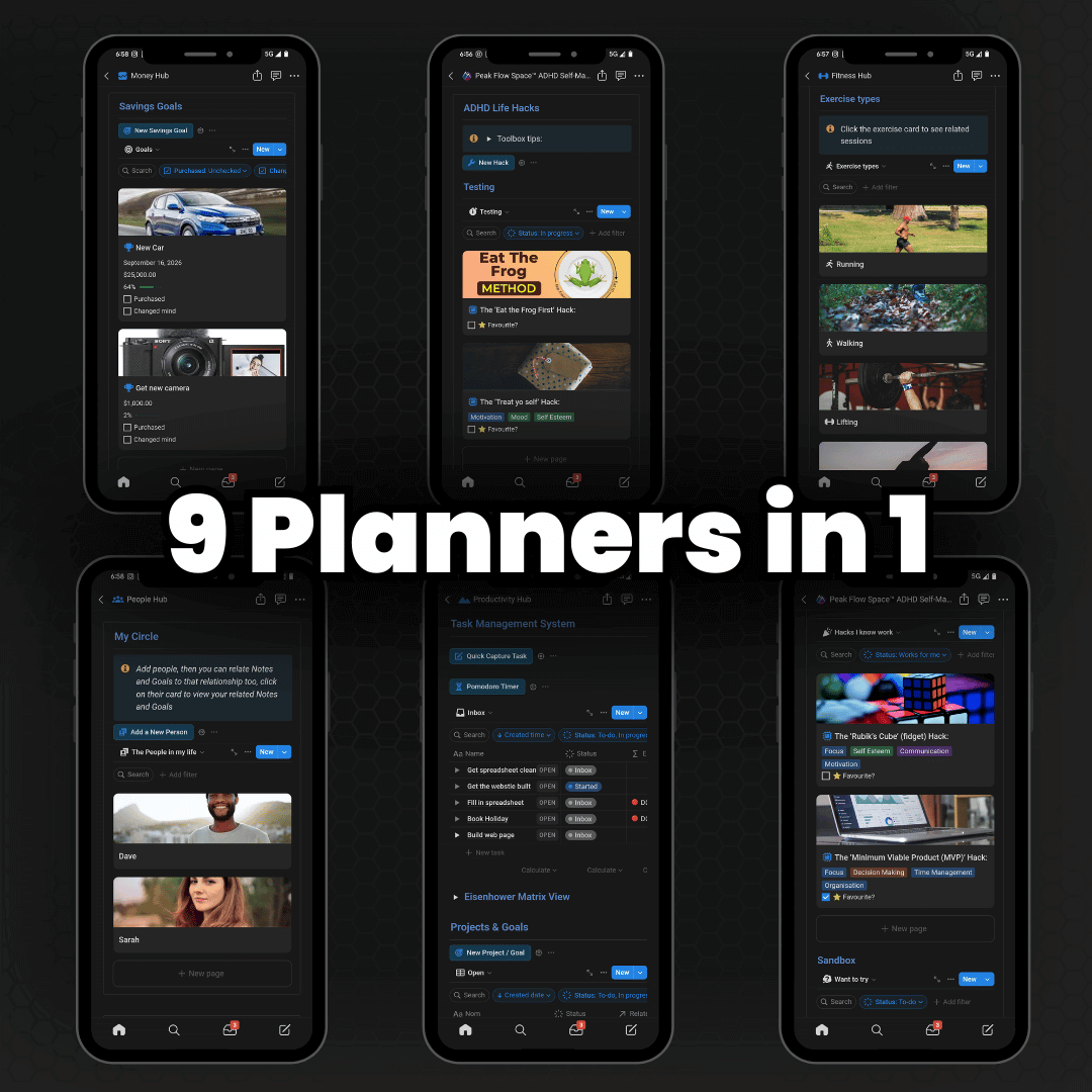 Six smartphone screens displaying various planner apps with the text '9 Planners in 1' in the center.
