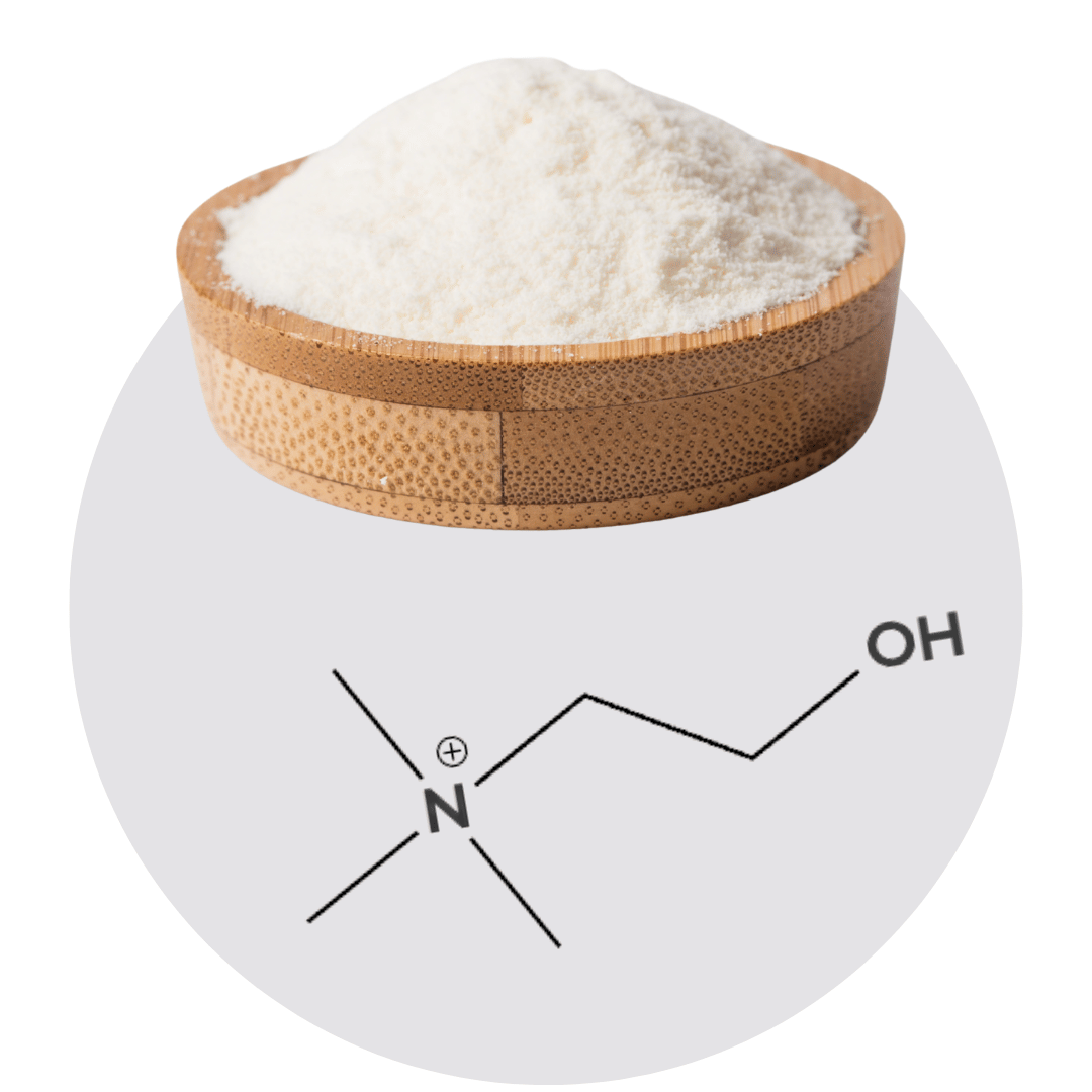 Wooden bowl with white powder above a chemical structure diagram.