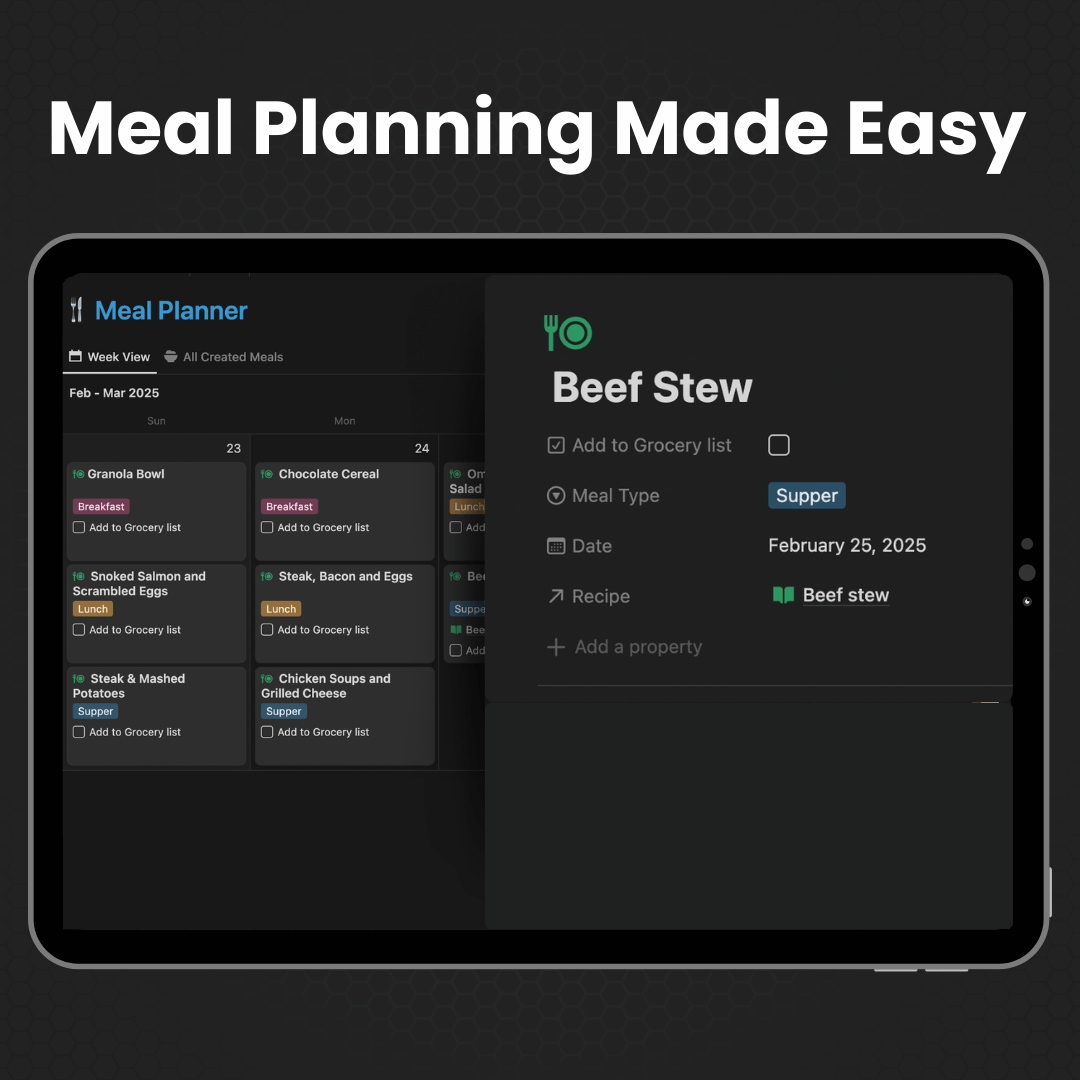Tablet displaying a meal planning app with a Beef Stew recipe.