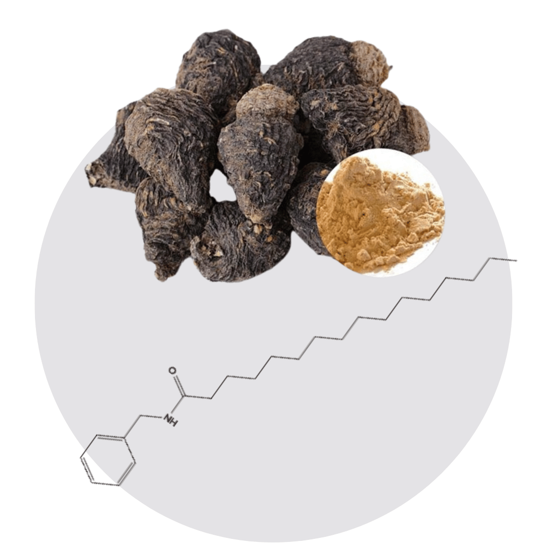 Dried roots, powdered substance, and chemical structure on a white background.