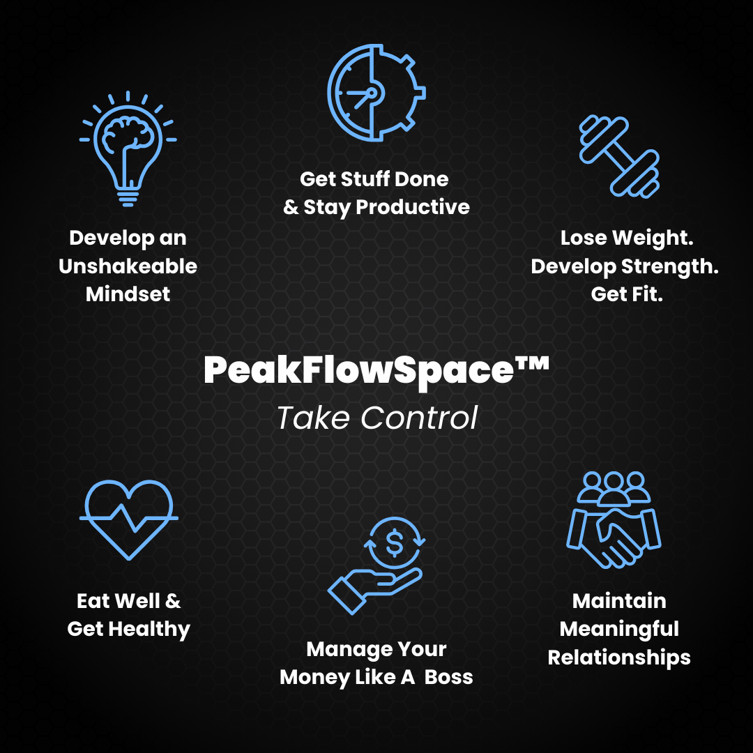 Infographic with icons and text about mindset, productivity, fitness, health, money, and relationships.