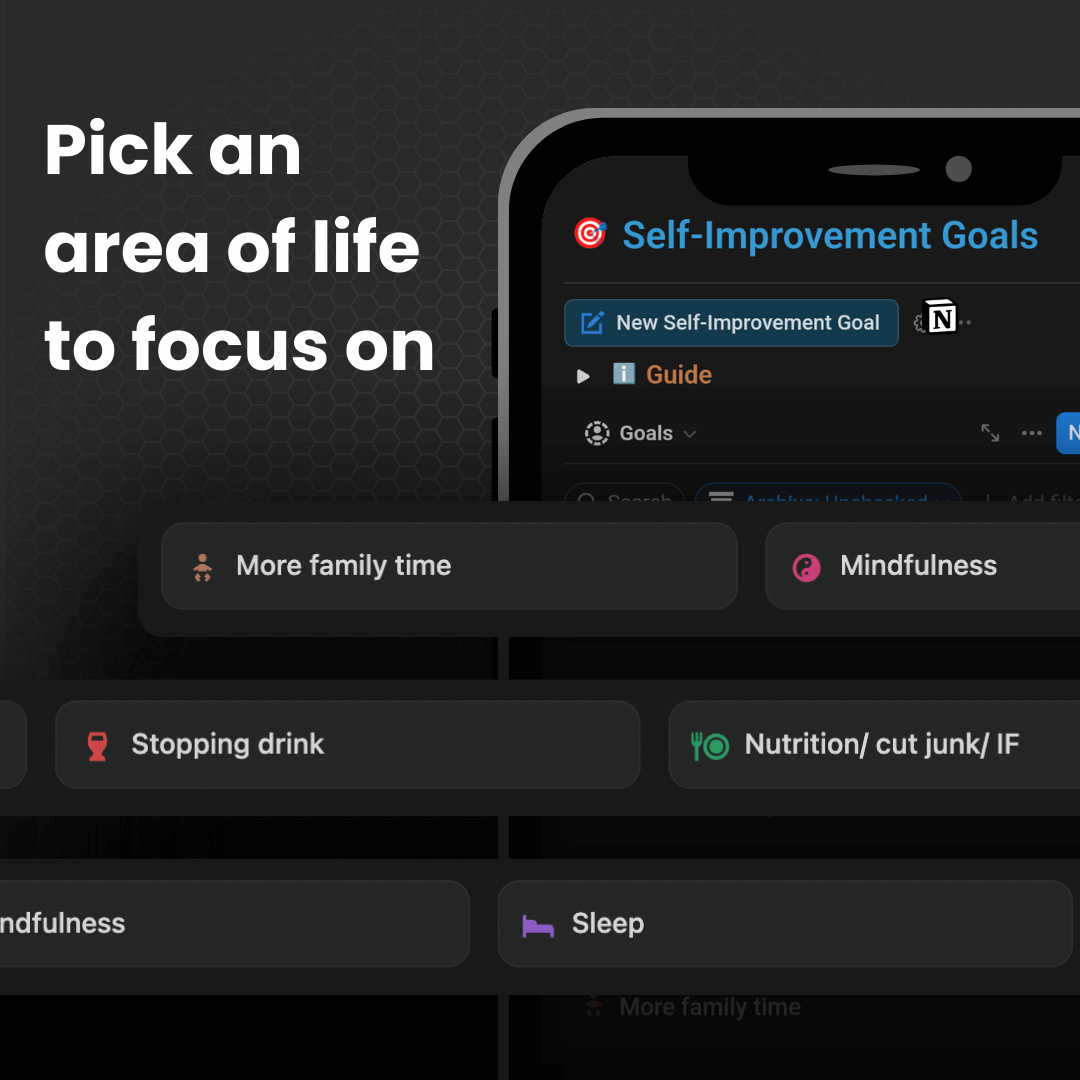 Interface for selecting self-improvement goals with options like mindfulness and nutrition.