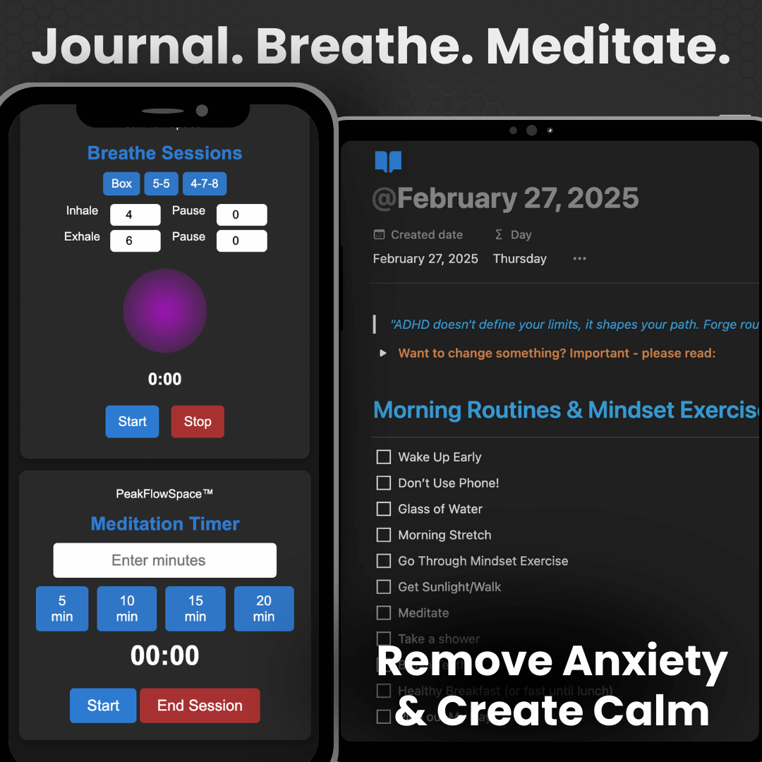 Mobile app interface showing breathing exercises and a daily planner.
