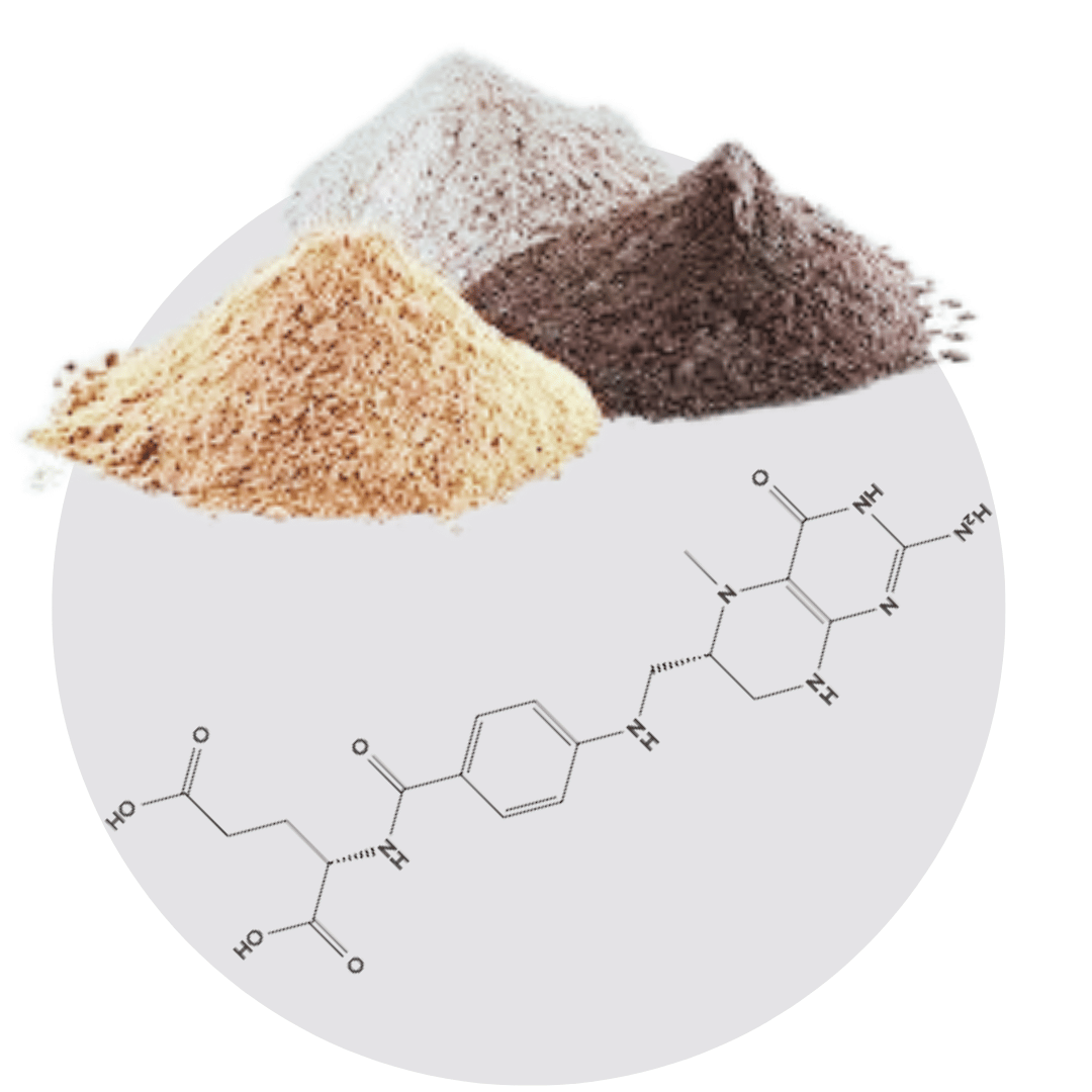Three piles of colored powders with a chemical structure diagram.