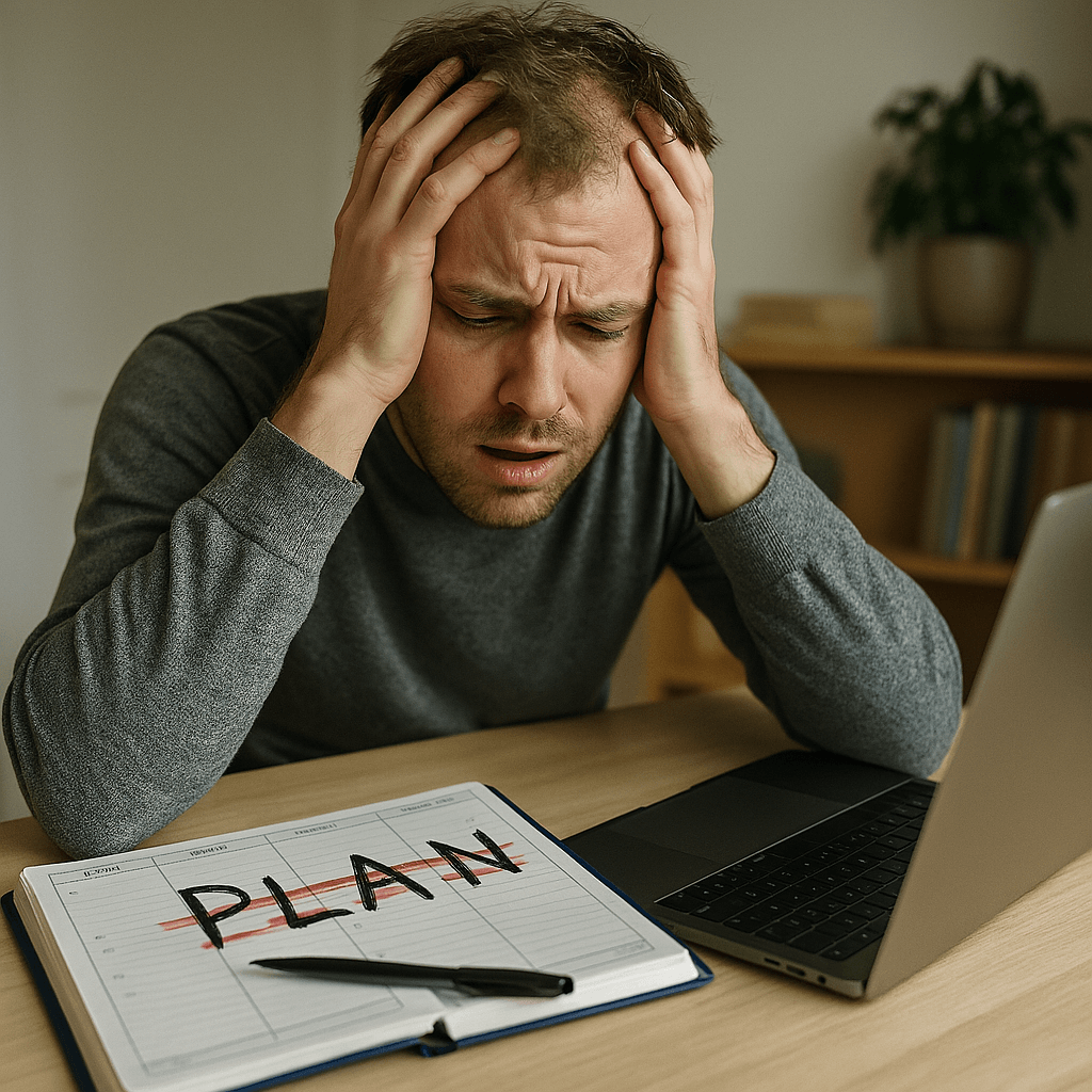 Man holding head in frustration, sitting at desk with crossed-out plan in notebook.