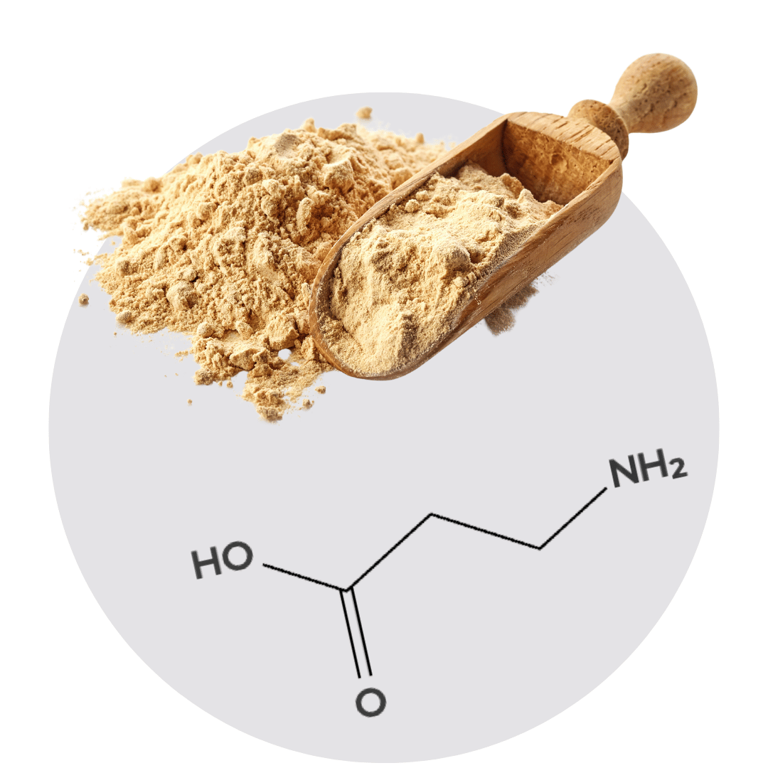 Wooden scoop with beige powder and a chemical structure diagram.