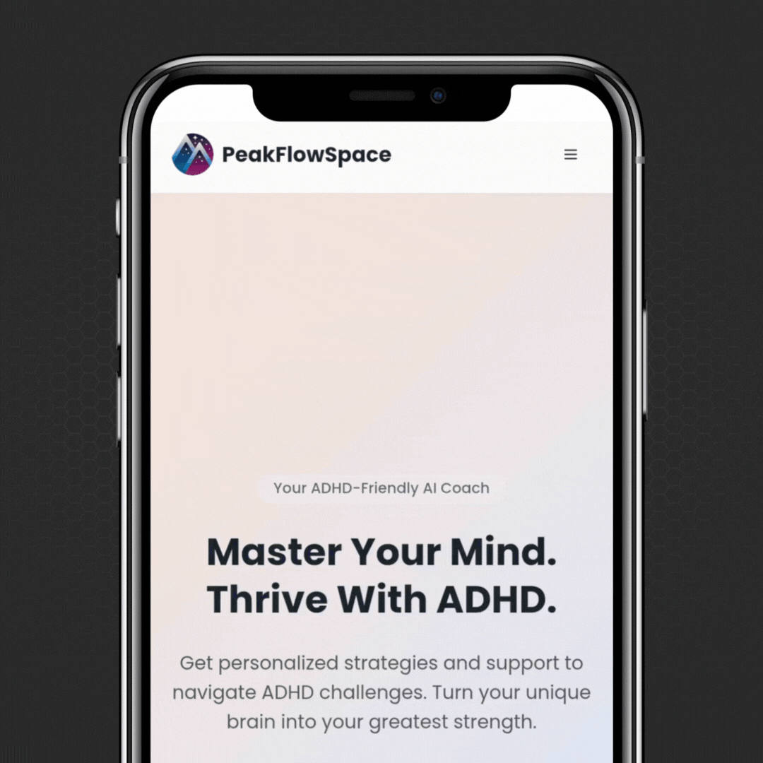 Smartphone displaying PeakFlowSpace website with text about ADHD-friendly AI coaching.