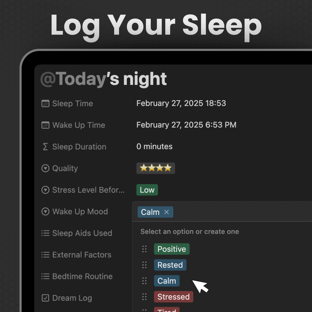 Sleep logging interface with mood options and sleep quality rating.