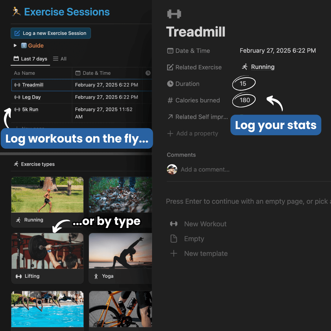 Interface for logging exercise sessions and tracking workout stats.