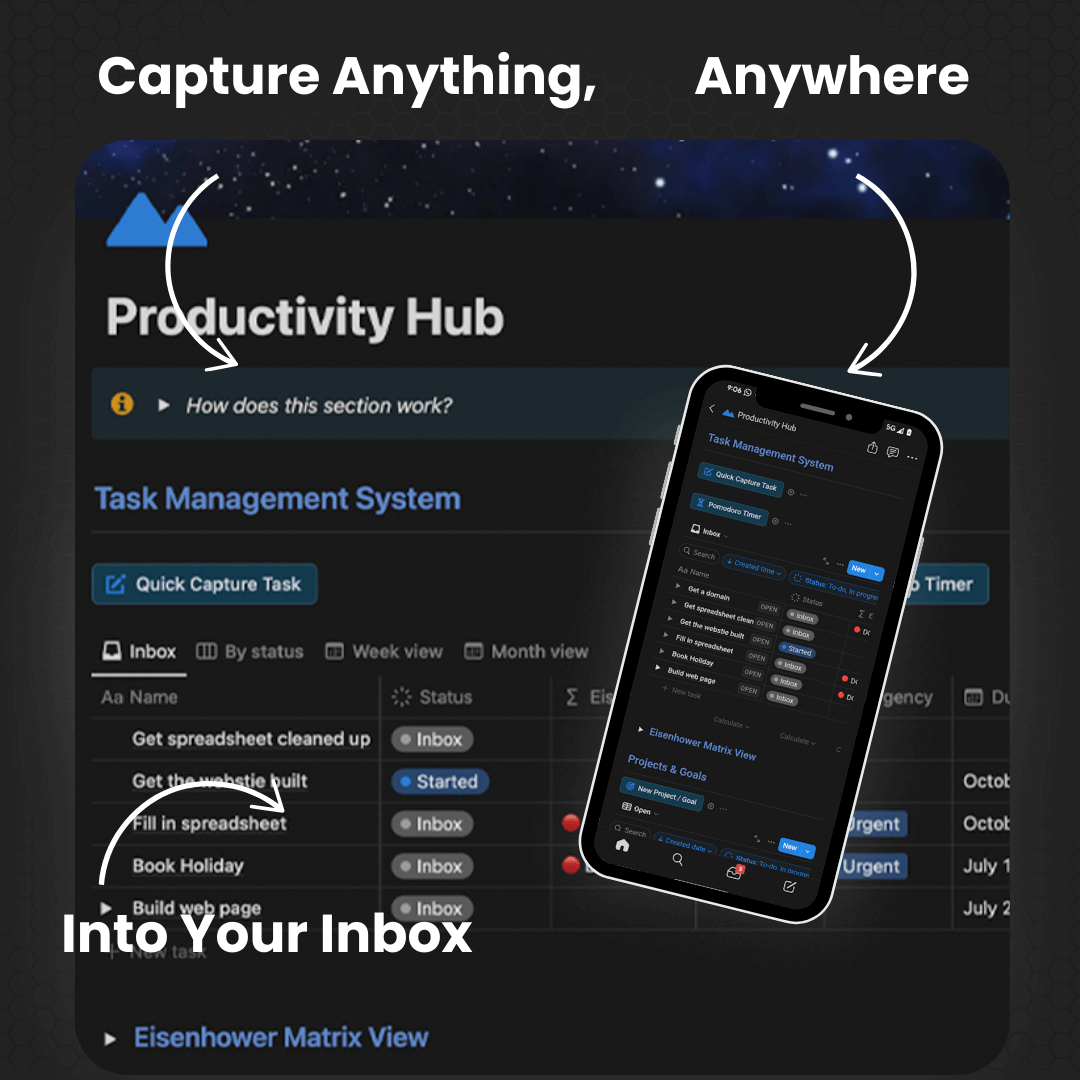 Task management system interface with mobile and desktop views, featuring task lists and status indicators.