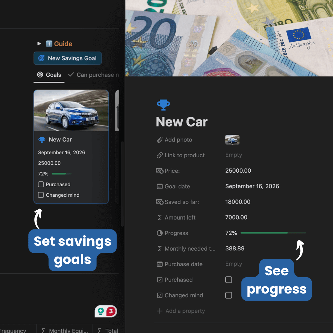 Savings goal interface for a new car with progress and financial details.