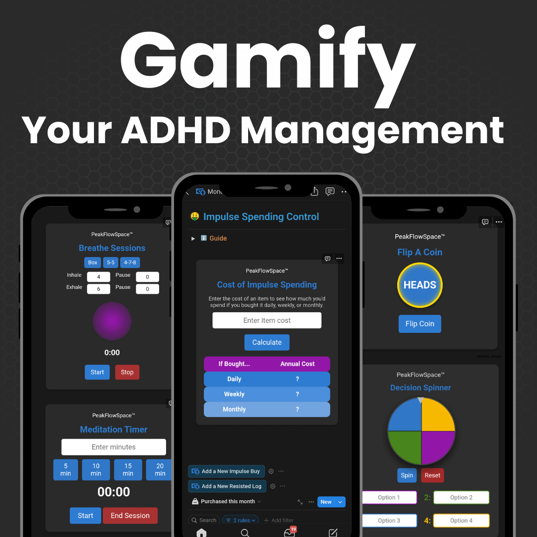 Three smartphone screens displaying ADHD management apps with features like breathing exercises and impulse spending control.