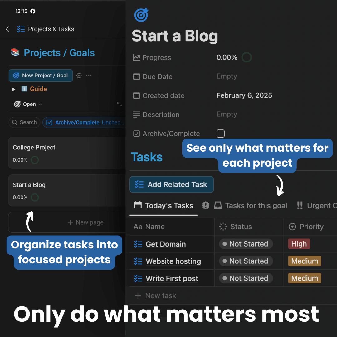 Task management interface showing project goals and task priorities.