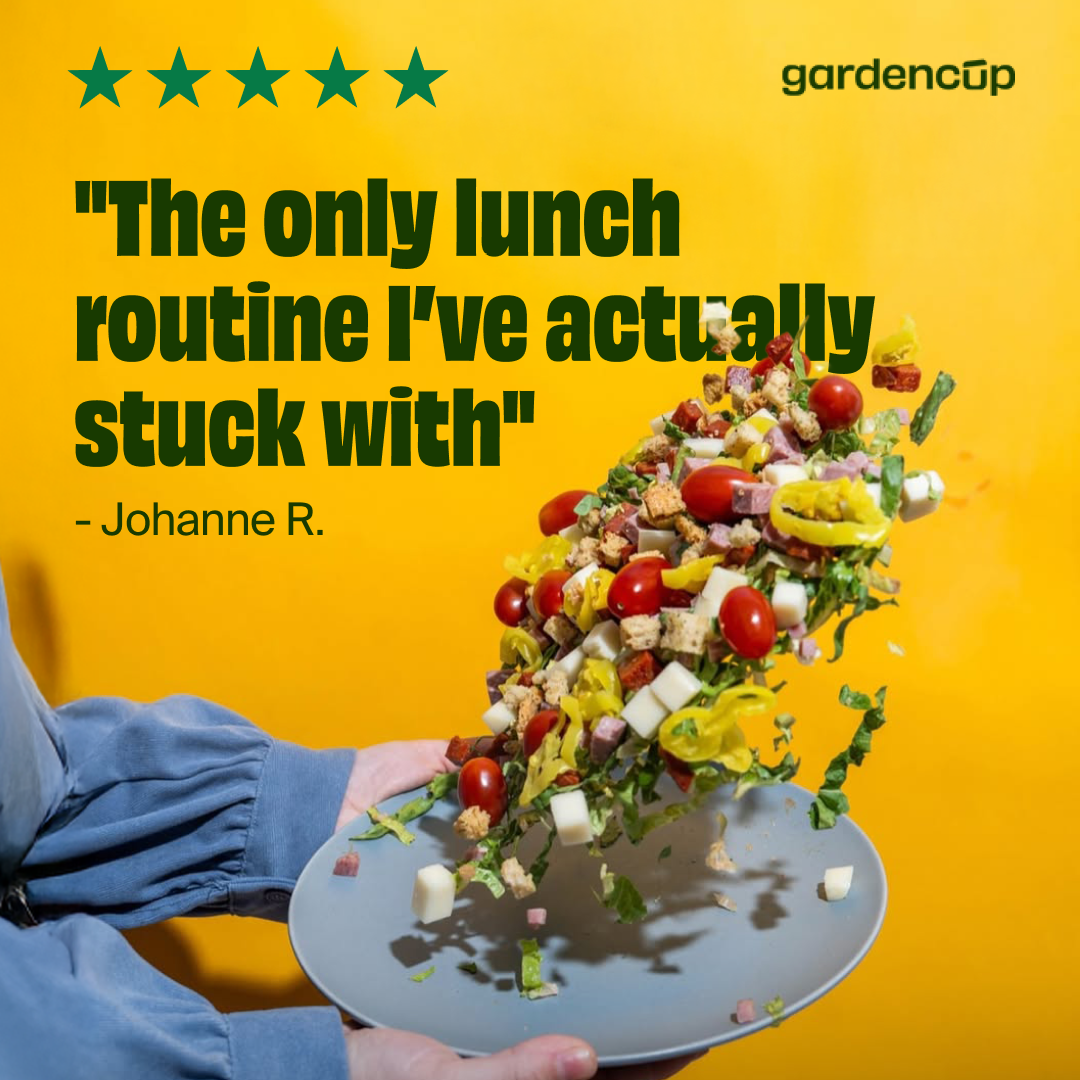 Person holding salad mid-air against a yellow background with review text and logo.