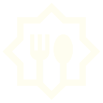 An off-white icon of a fork and spoon inside an eight-pointed star on a black background.