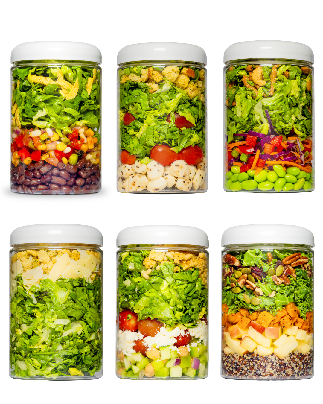 Six jars filled with various fresh salad ingredients, labeled 'gardencup.'