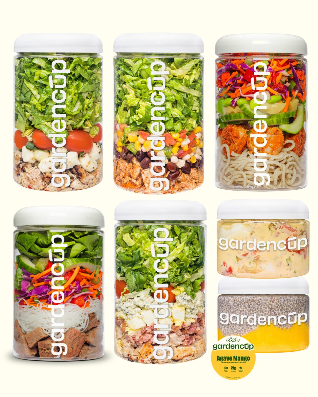 Six jars filled with colorful salads and ingredients, labeled 'gardencup.'