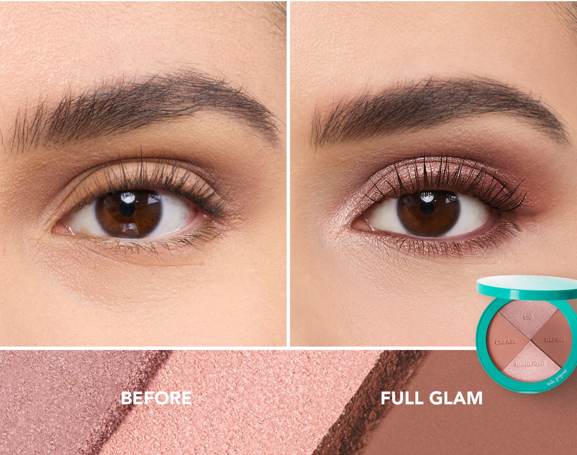 A before and after image showing an eye without makeup and then with shimmery bronze eyeshadow.