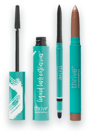 Thrive Causemetics mascara, eyeliner, and a bronze eyeshadow stick on a white background.