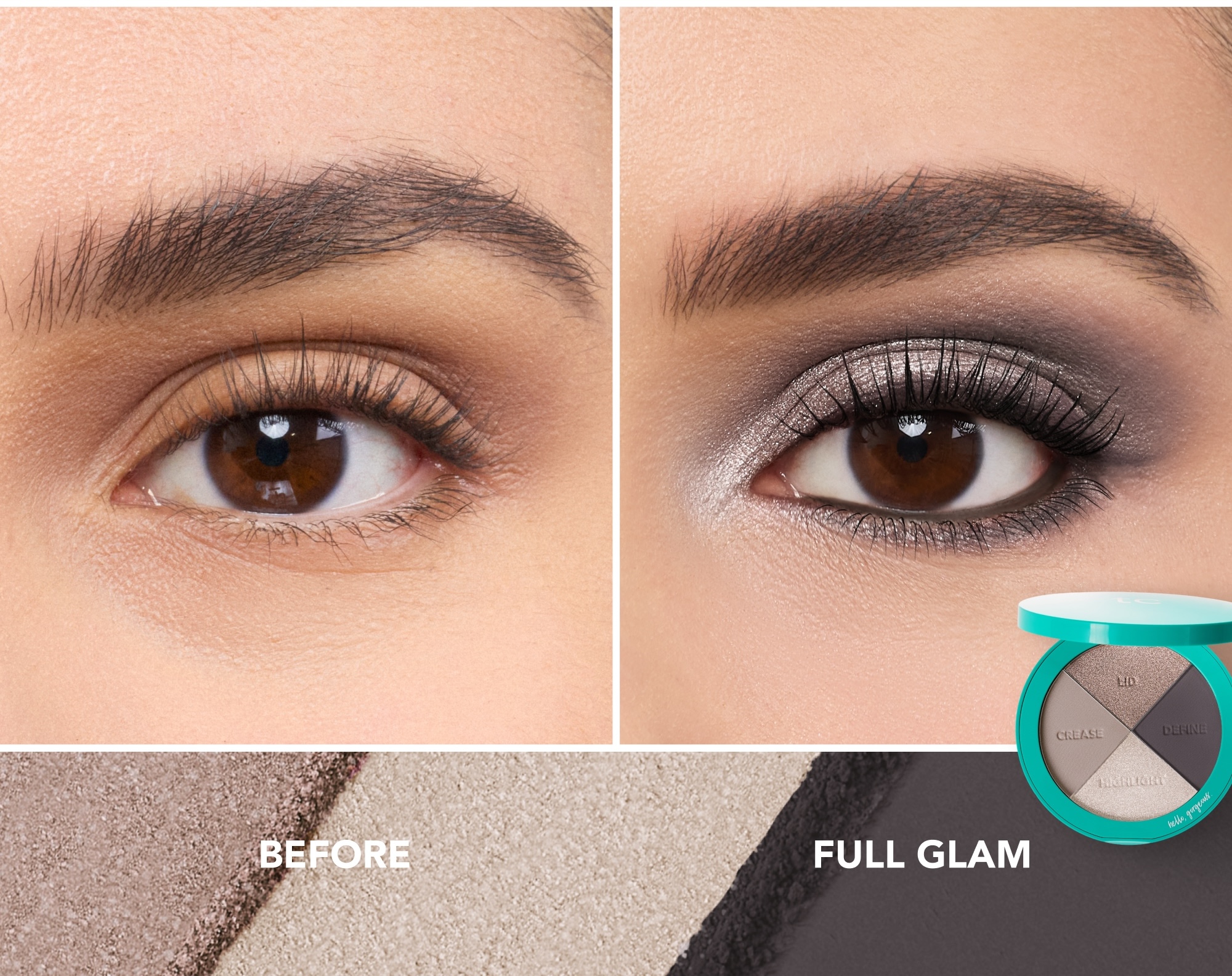 A before-and-after image showing an eye without makeup and with a shimmery, smokey eyeshadow look.