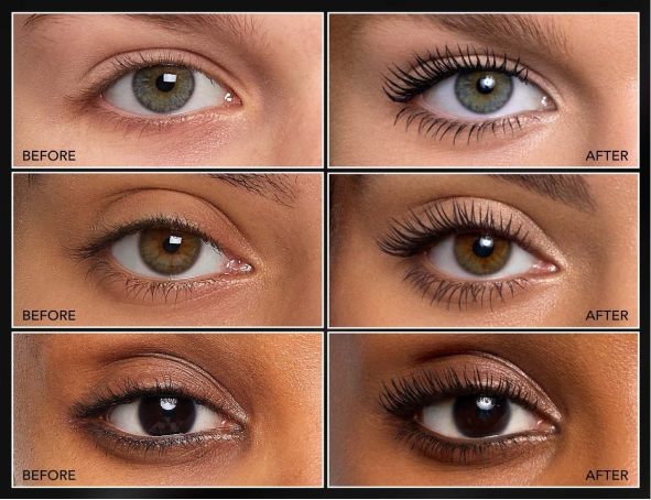 Before and after comparison of three women's eyes showing longer, more defined and curled lashes with Liquid Lash Extensions Tubing Mascara