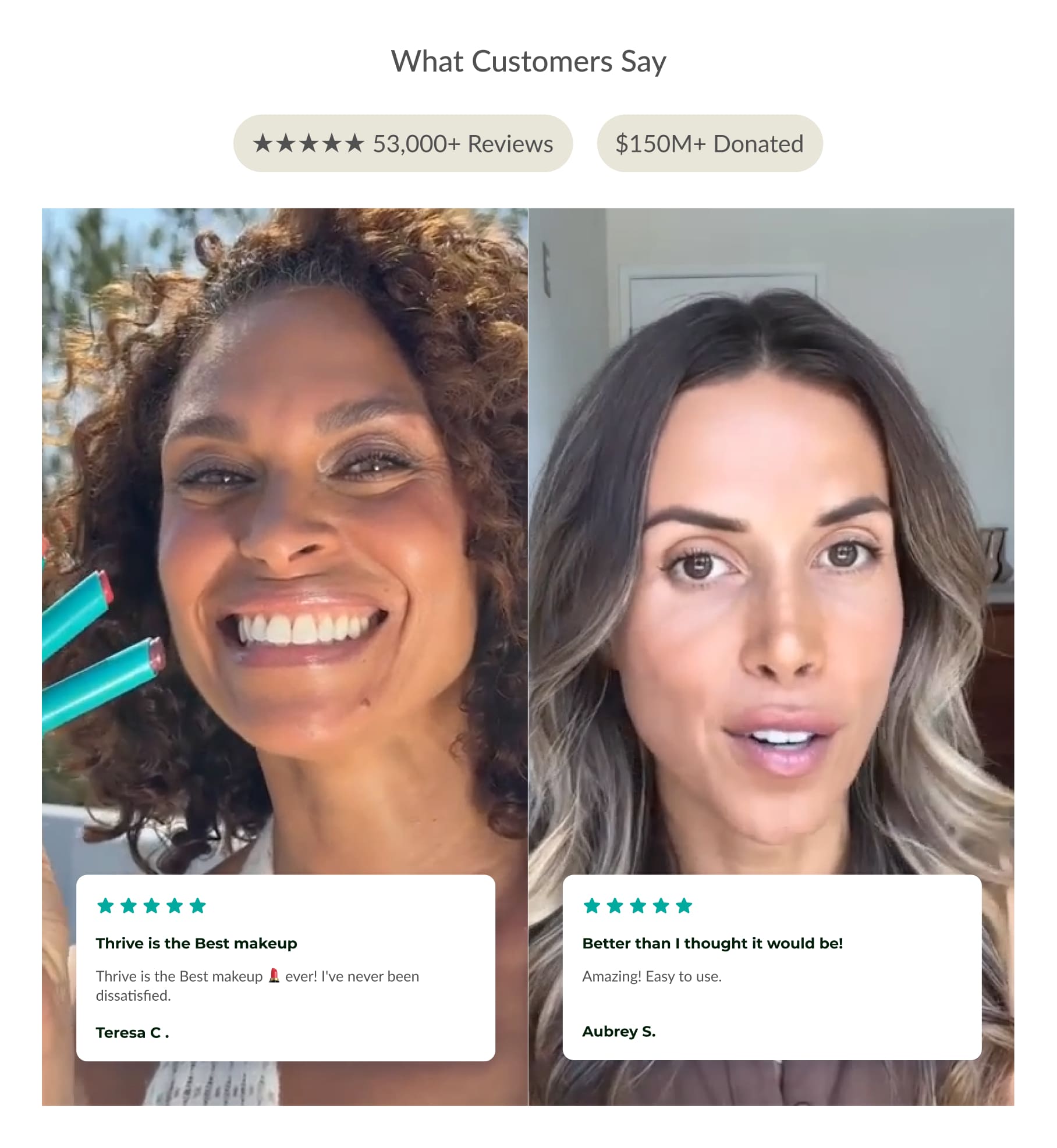 Side-by-side images of two women with their corresponding five-star customer reviews and testimonials.