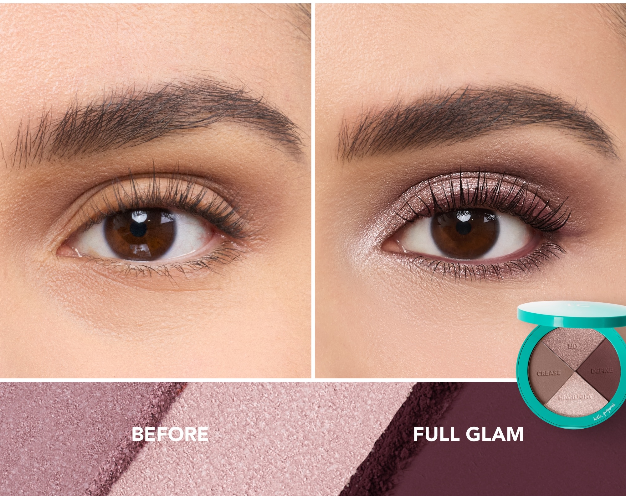 A before-and-after image of an eye with a full glam eyeshadow look, with the eyeshadow palette shown.