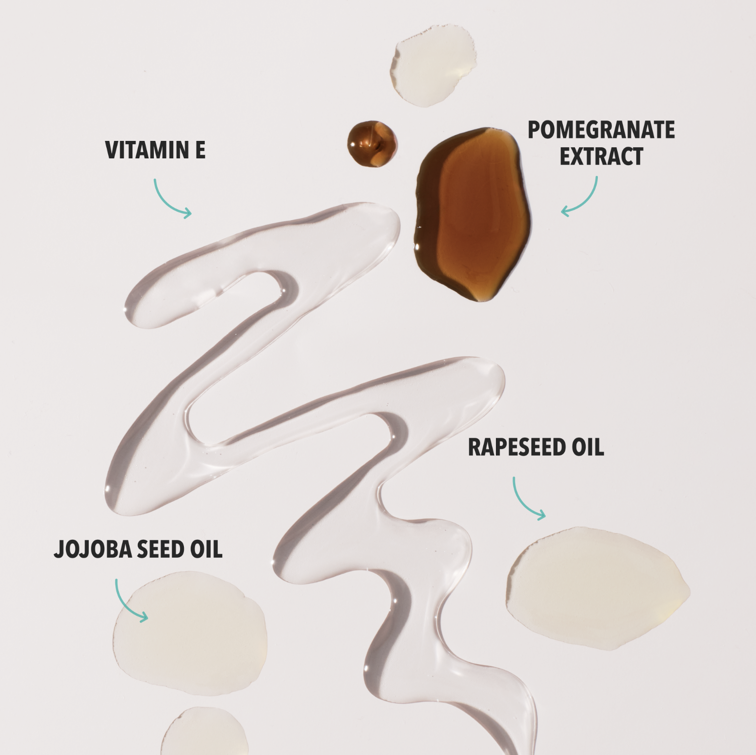 An infographic showing swatches of Vitamin E, Pomegranate Extract, Jojoba Seed Oil, and Rapeseed Oil on a light background.