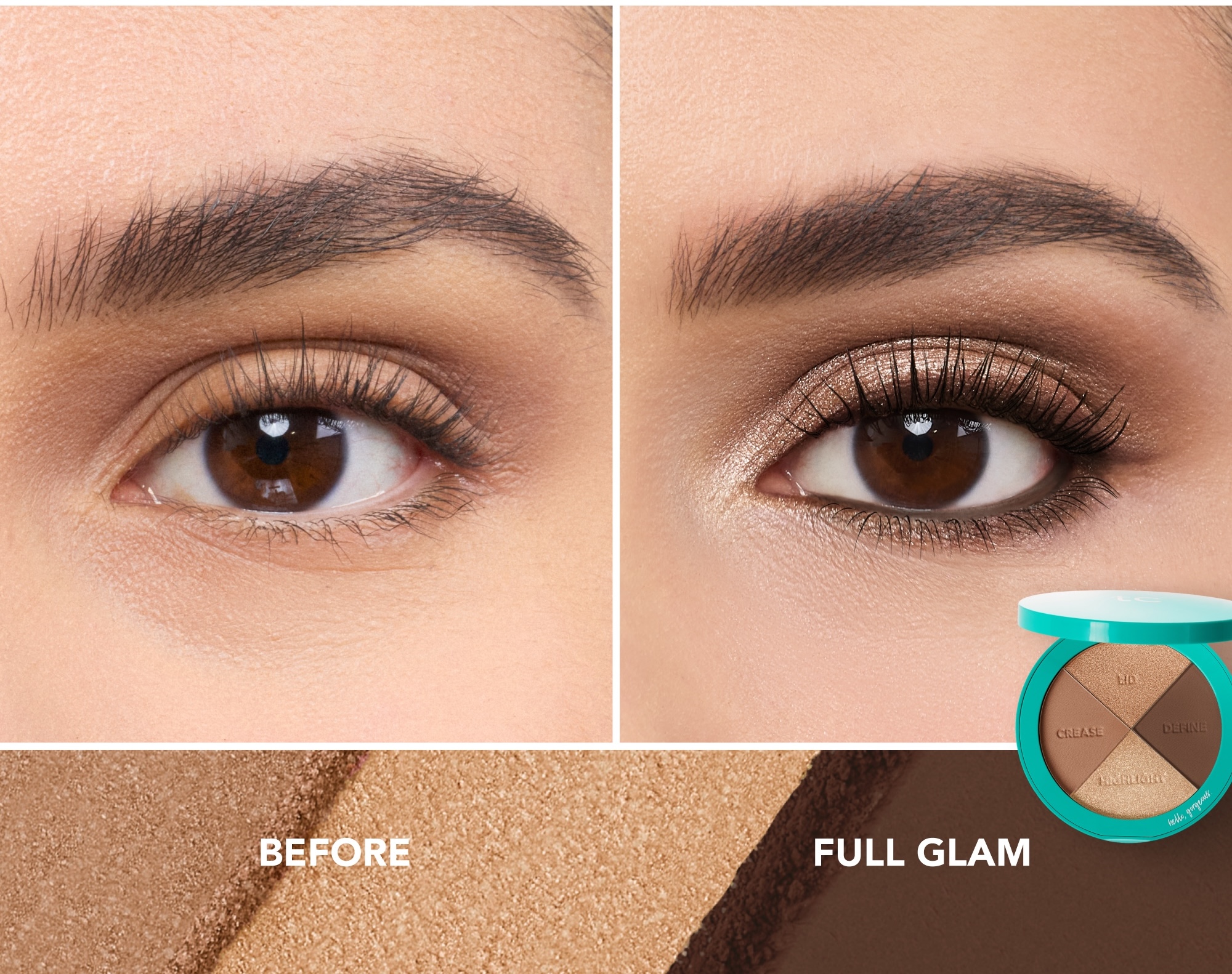 A side-by-side comparison of an eye before and after applying full glam eyeshadow.