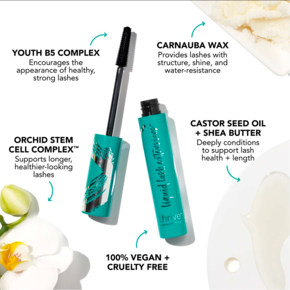 Liquid Lash Extensions Tubing Mascara wand with callouts for carnauba wax and castor seed oil plus shea butter ingredients