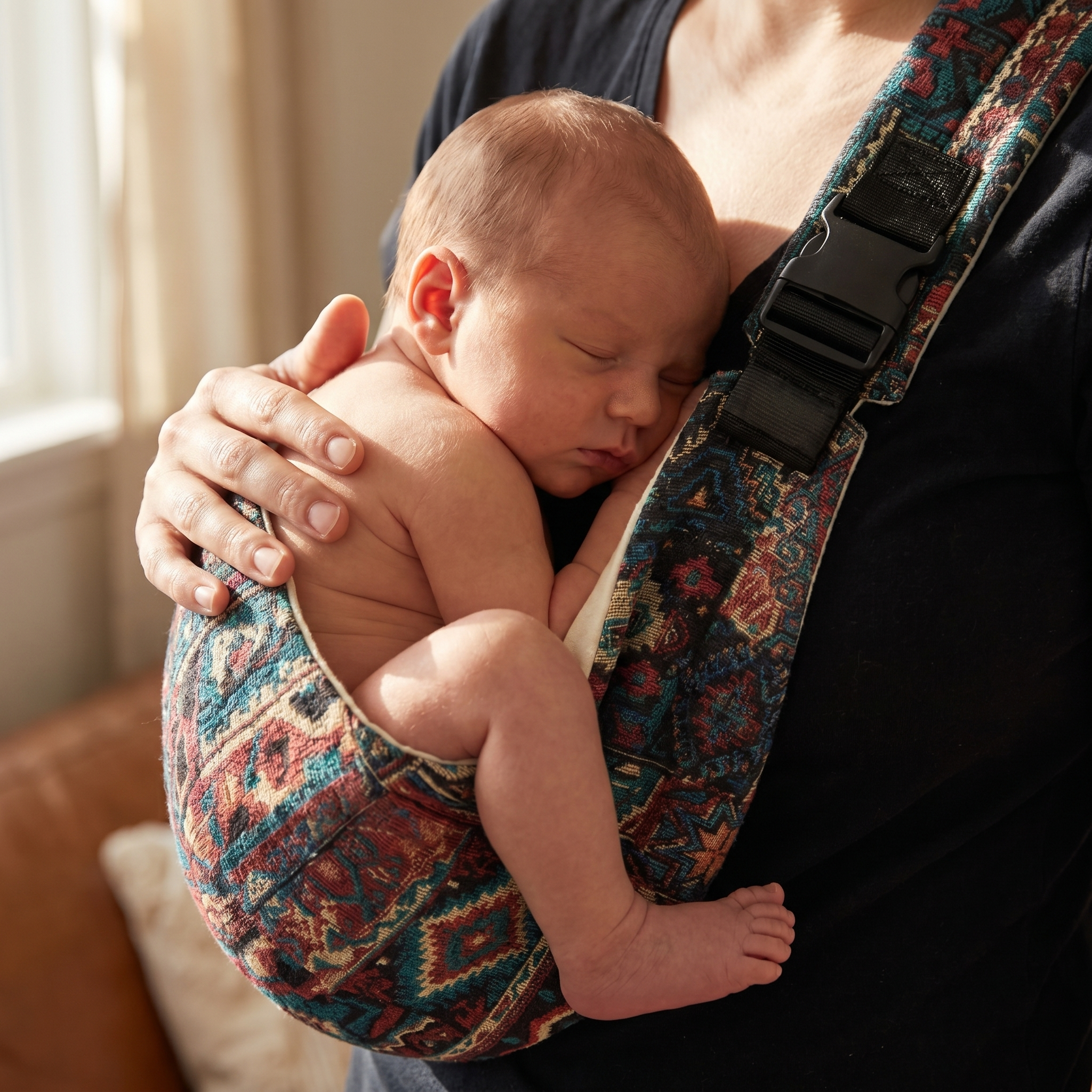 Parent standing calmly in a kitchen with baby asleep on their chest in the sling — soft, warm lighting