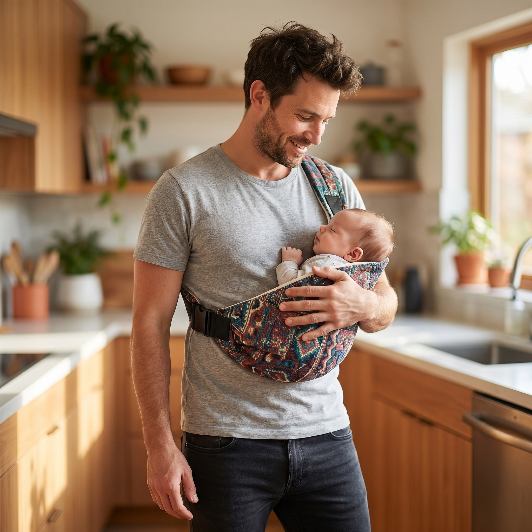 Dad wearing the sling with baby facing inward — relaxed, candid home moment, not posed