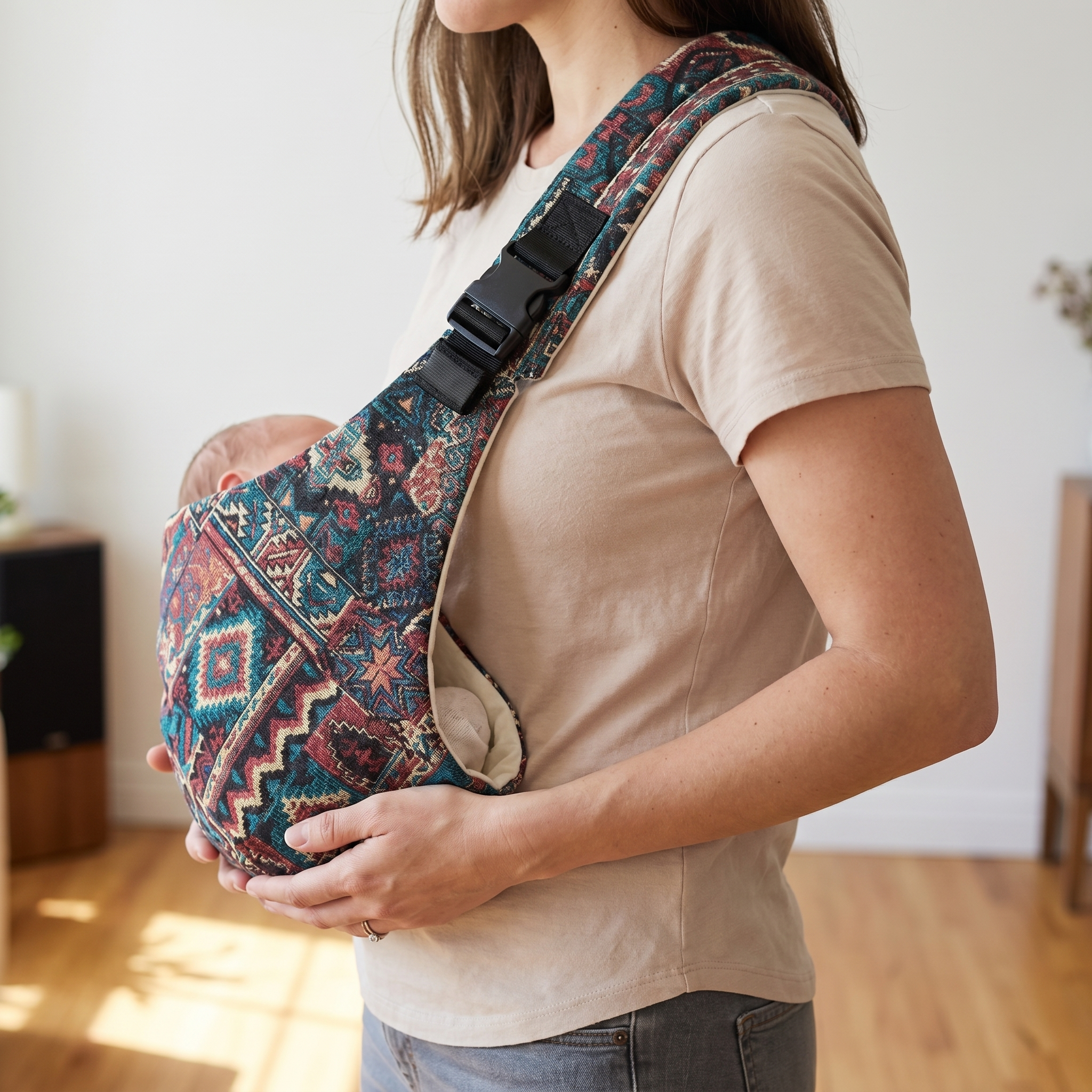 Side-profile lifestyle shot — parent standing tall with baby in sling, confident posture, outdoors or home setting