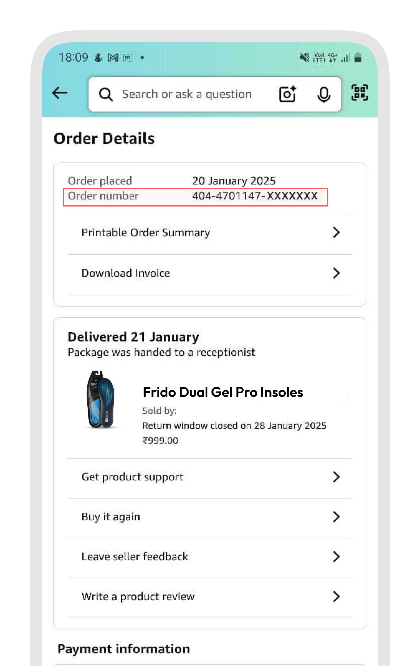 Screenshot of an order details page for Frido Dual Gel Pro Insoles.