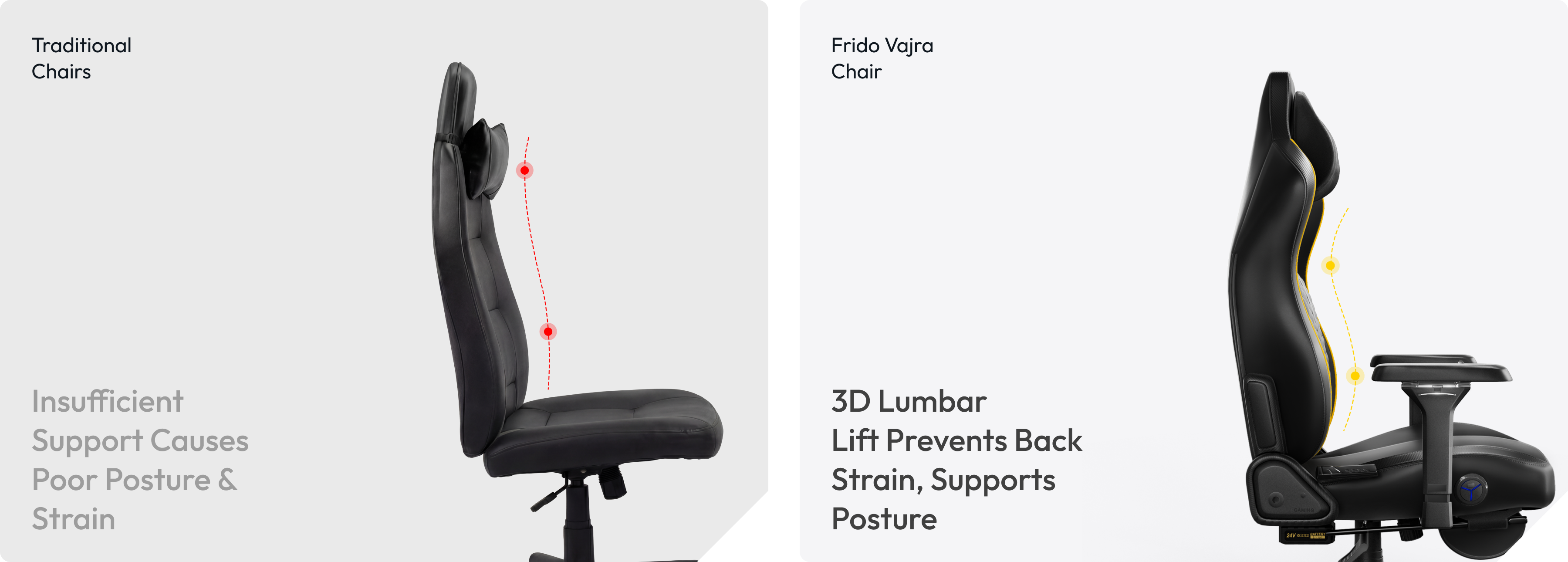 A side-by-side comparison graphic showing how a Frido Vajra chair provides better posture support than a traditional chair.