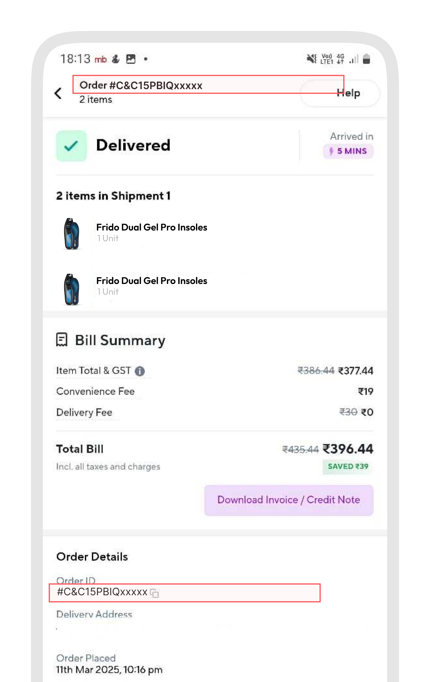 Mobile screen showing a delivered order summary with item details and total bill.