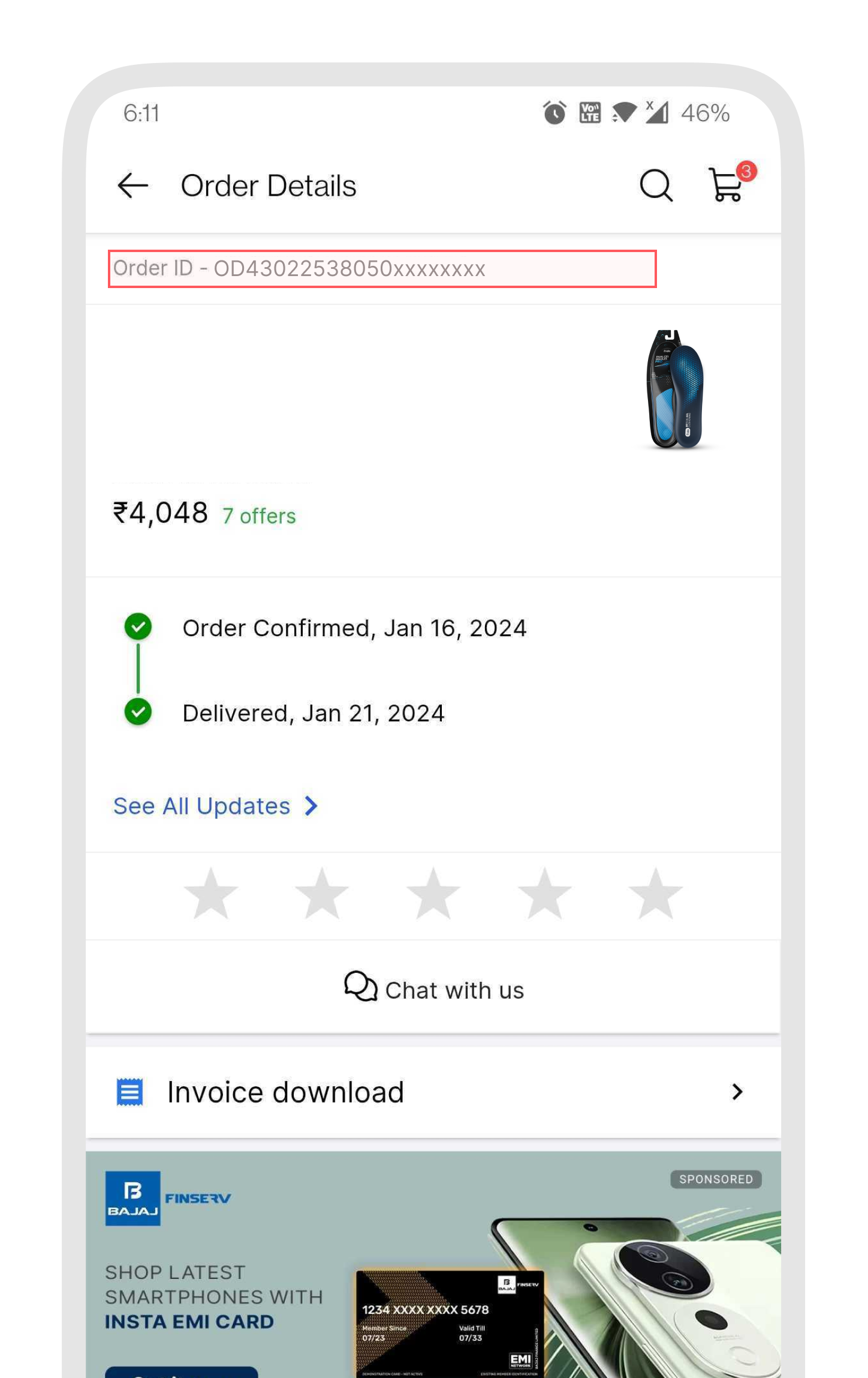 Smartphone screen showing order details and delivery confirmation.