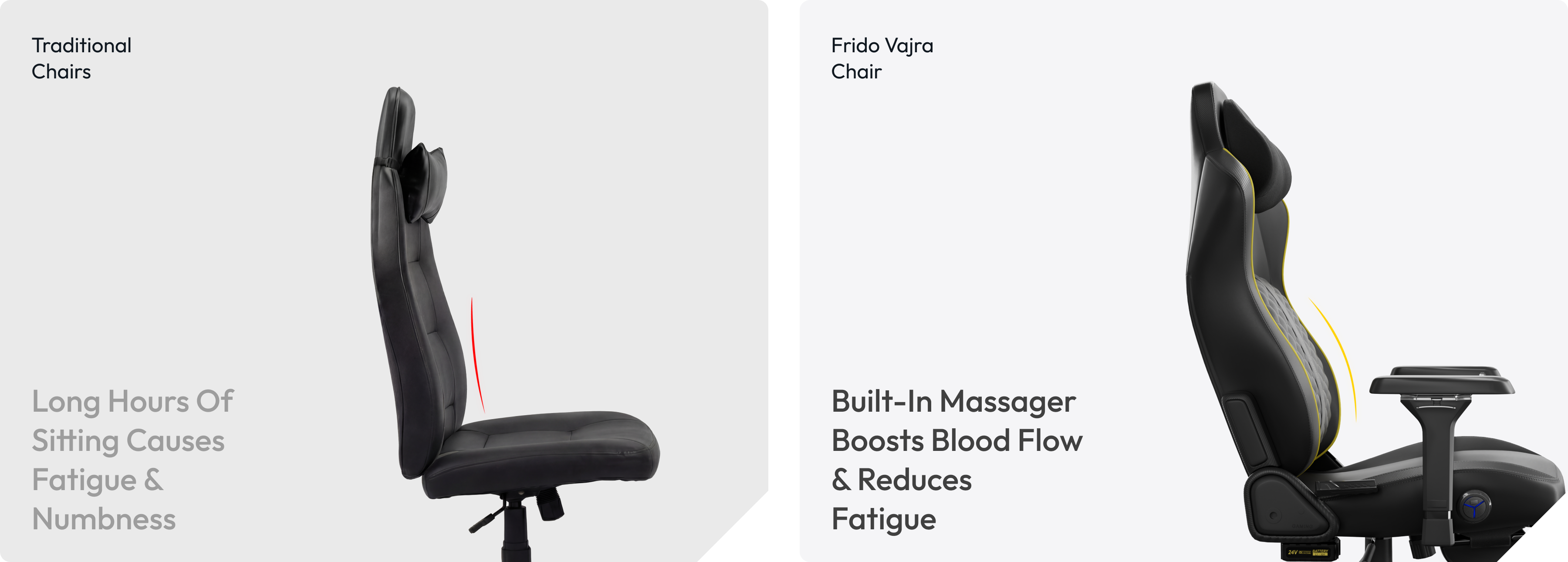 A side-by-side comparison of a traditional chair versus an ergonomic chair with a built-in massager.
