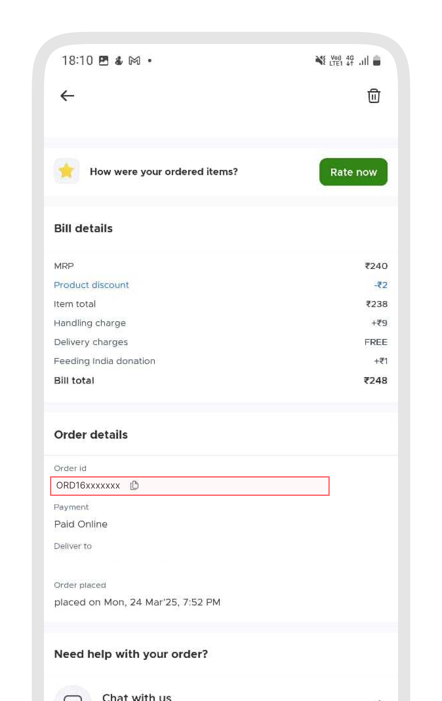 Mobile screen showing order and bill details with payment information.