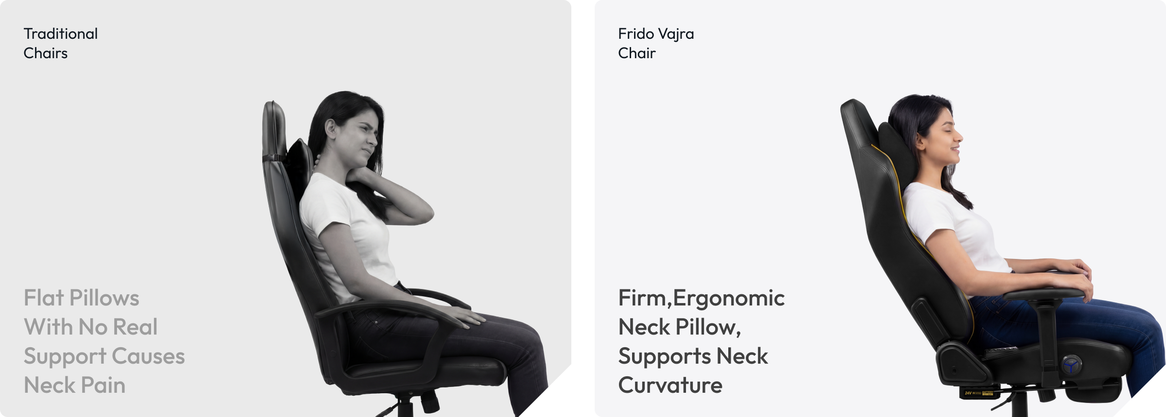 A side-by-side comparison of a woman experiencing neck pain versus sitting comfortably in an ergonomic chair.
