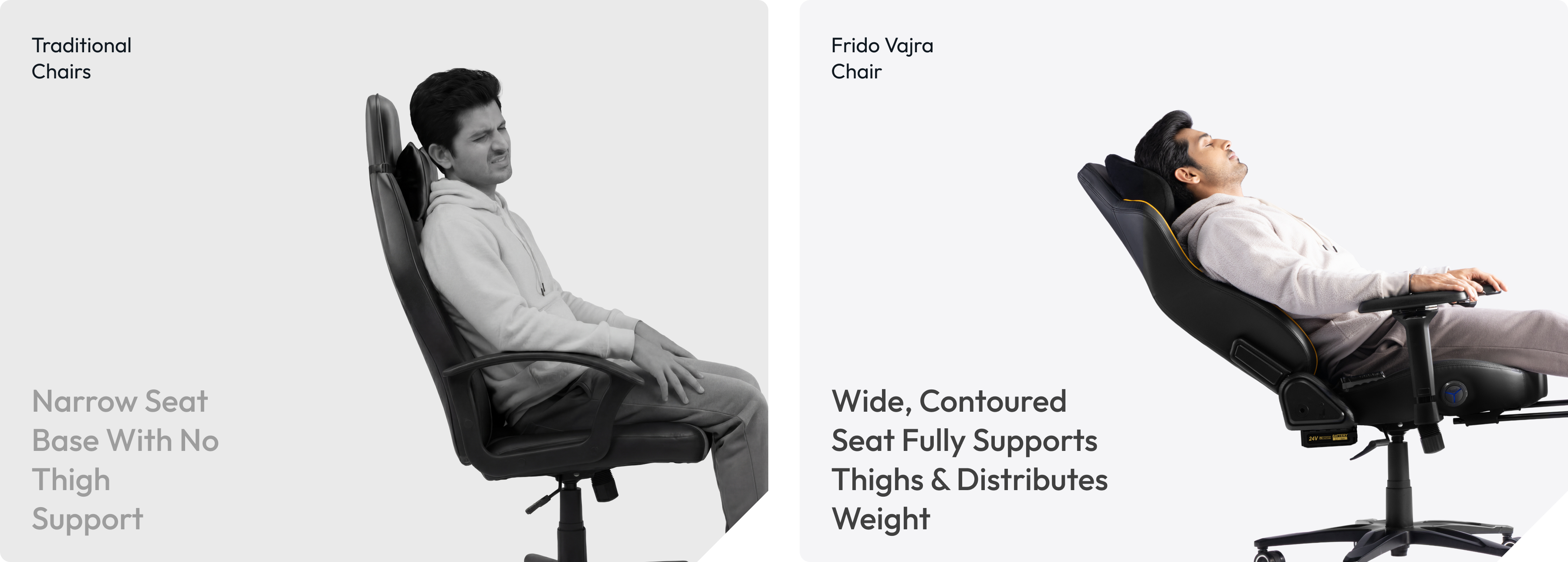 A side-by-side comparison of a man looking uncomfortable in a traditional chair and another looking relaxed in one.