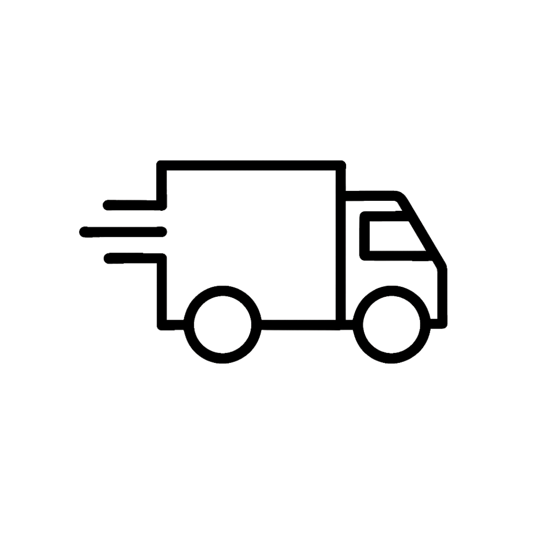 Simple black outline of a delivery truck with motion lines.
