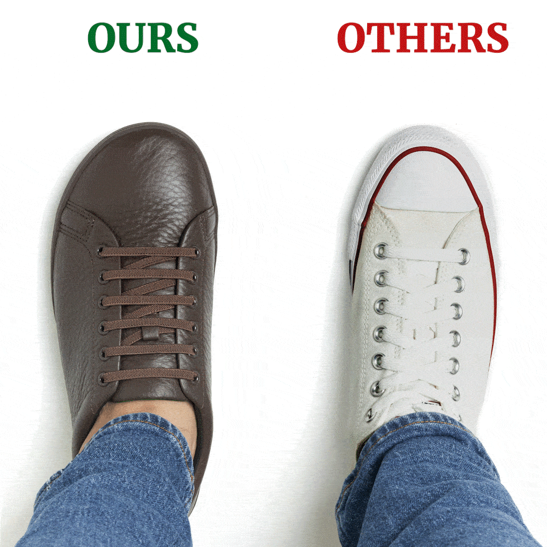 Comparison of brown and white sneakers on feet.