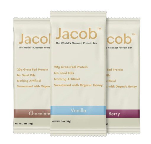 Three protein bar packages labeled Chocolate, Vanilla, and Berry.