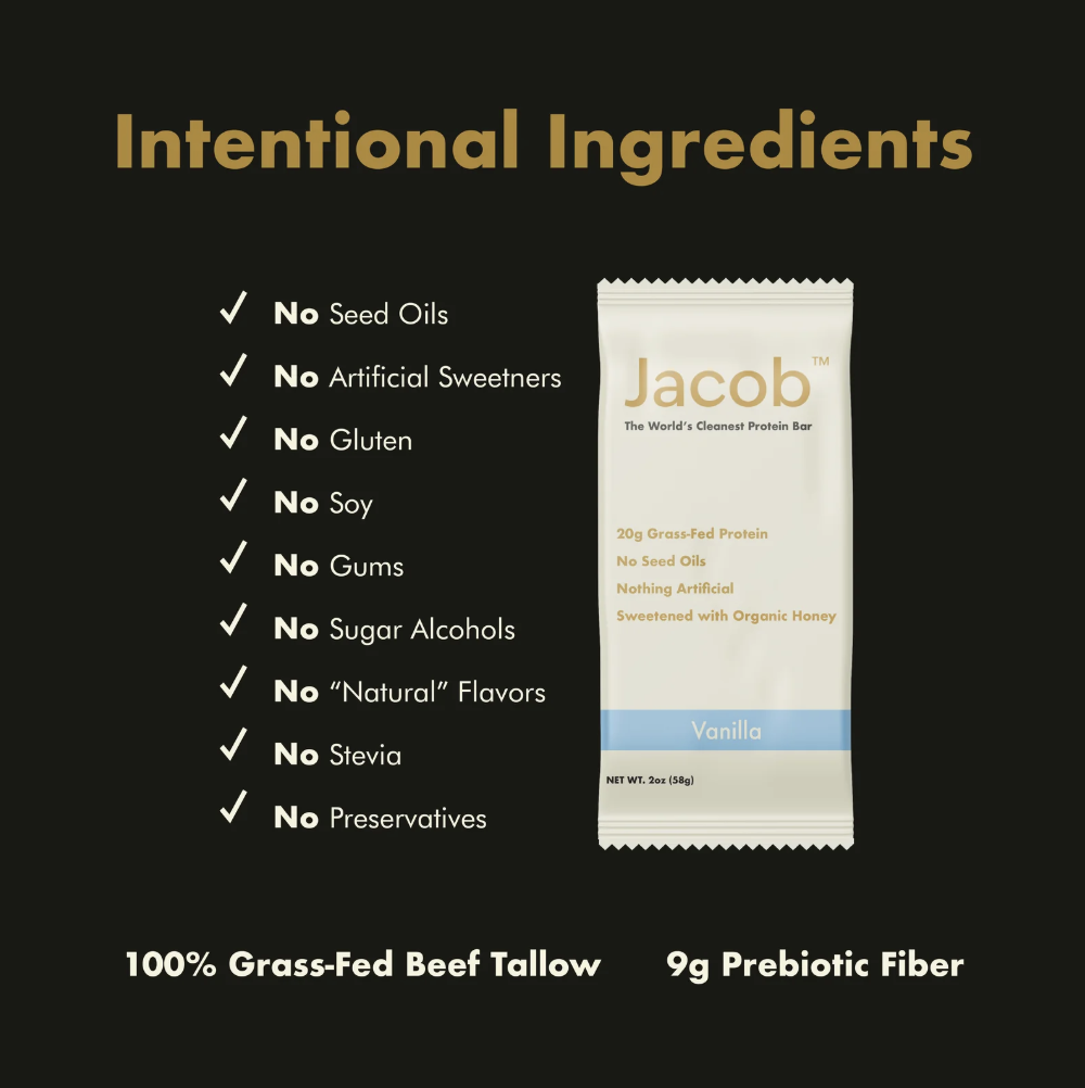 Protein bar packaging with list of ingredients not included, labeled 'Intentional Ingredients.'