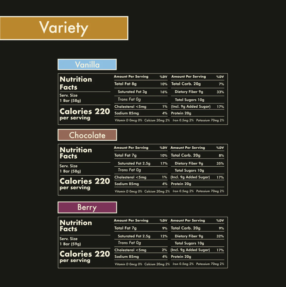 Nutrition facts for vanilla, chocolate, and berry bars with calorie and ingredient details.